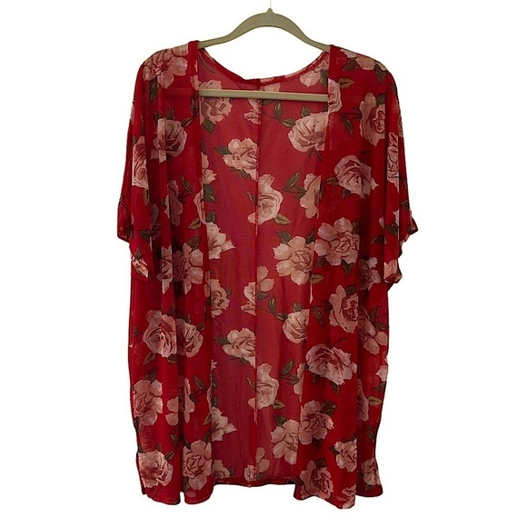 Women’s Red Floral Sheer Short Sleeve Cover Up - Picture 2 of 6
